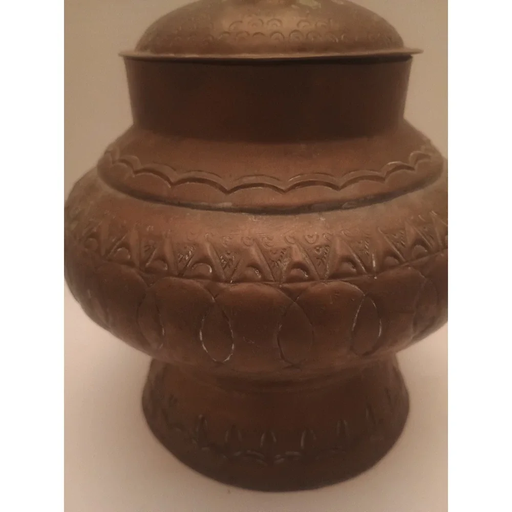 Vintage Copper Lidded Vessal Brown Etched Design Pedestal Base  13